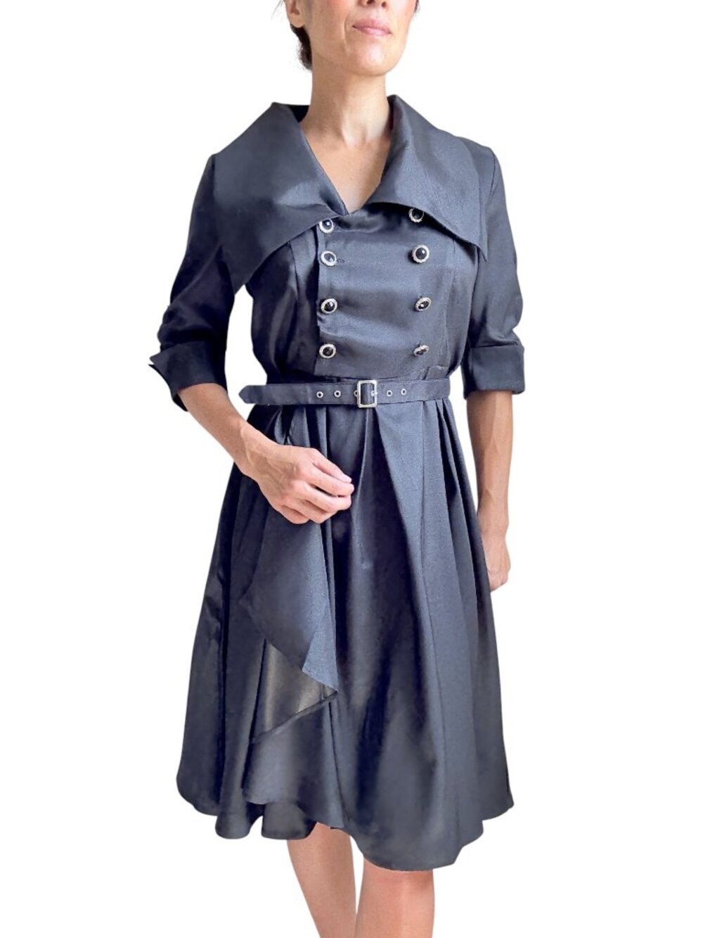 Women's Black Satin Steampunk Military Dress Double Breasted Gothic Dress